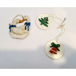 Vintage 80' Ornaments Goose with Blue Ribbon and 2 Clay Round. Set of 3